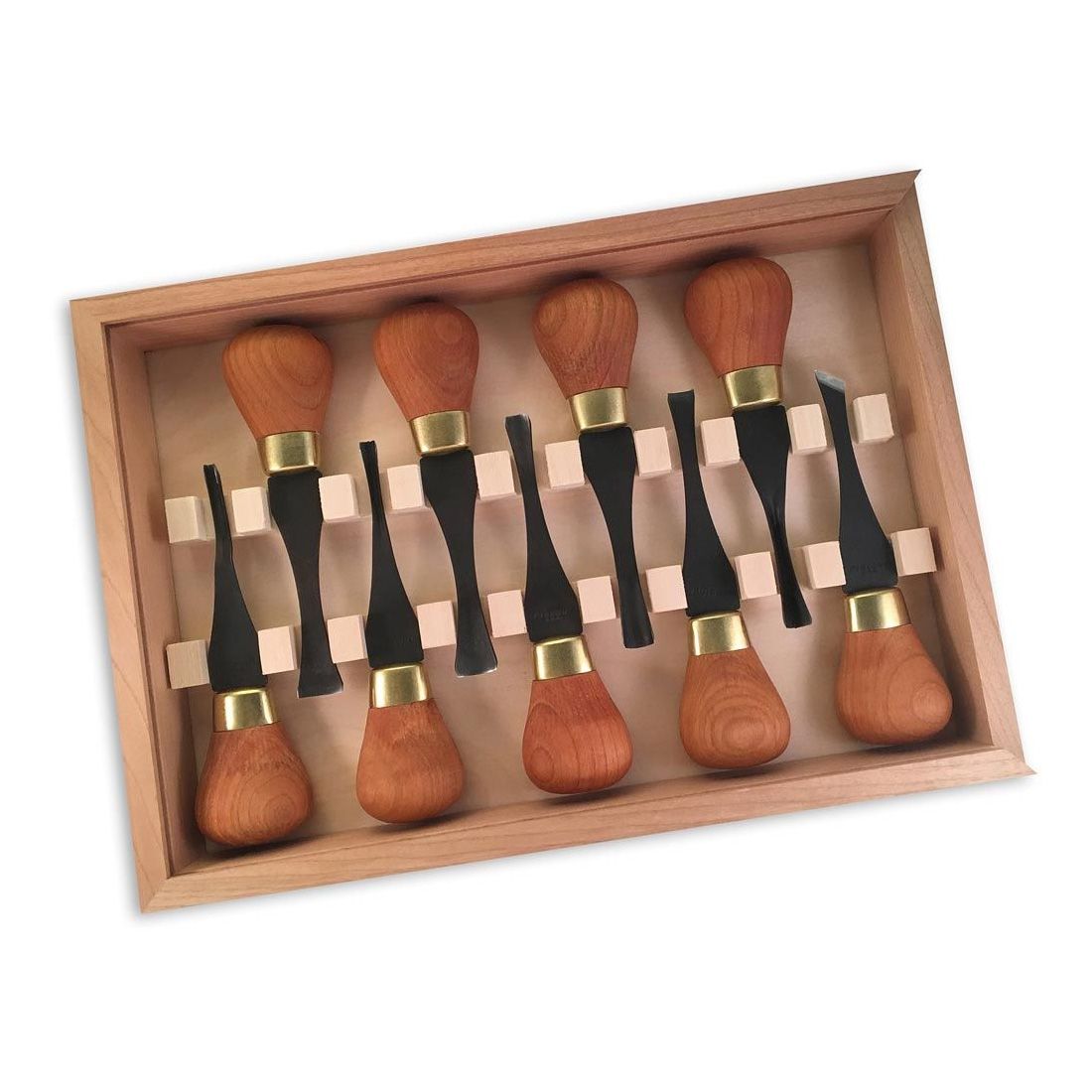 Flexcut FRP405 9pc premium deluxe palm set, shown in the wooden box with each knife positioned in racks.
