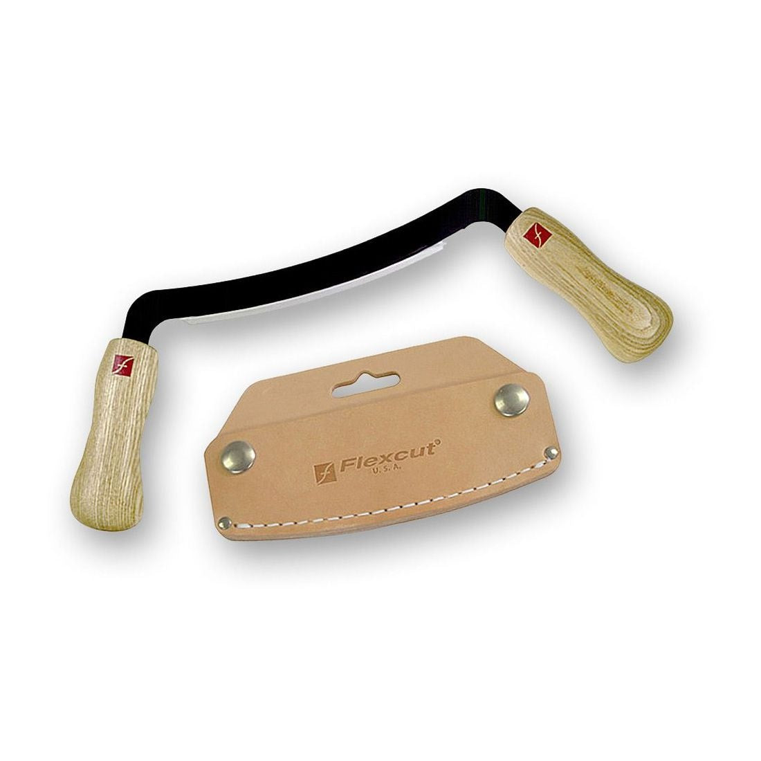 picture of the Flexcut drawknife and leather sheath. Drawknife has an overall width of 292mm and a blade width of  125mm. The leather sheath covers just the sharp blade.
