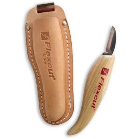 picture of the flexcut KN30 fixed wooden handled hip knife with leather sheath and belt loop