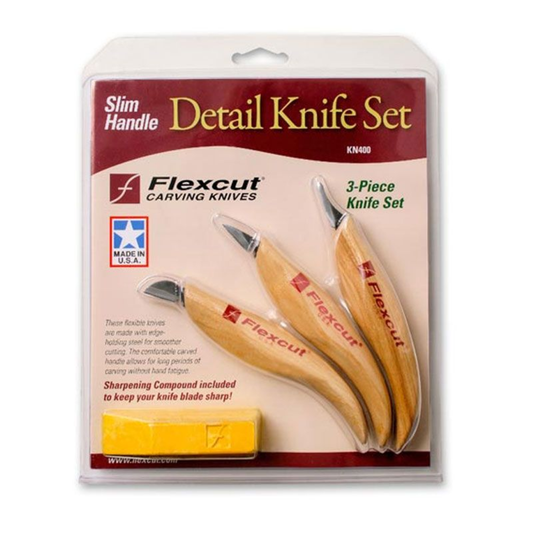 picture of the Flexcut KN400 detail knife set with block of wax. Shown in it's retail packaging.
