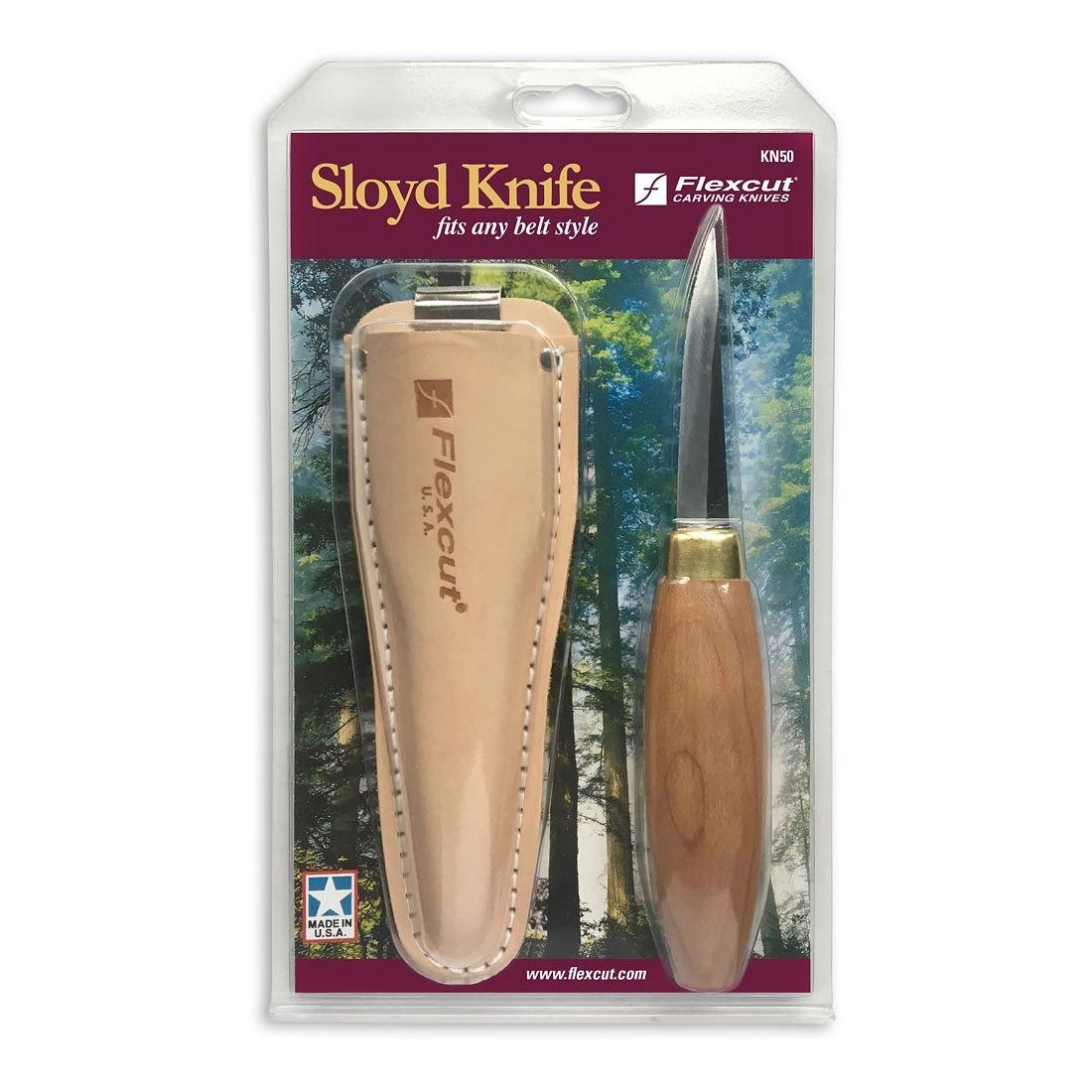 Flexcut Sloyd KN50 Knife showing the knife and the leather sheath with belt hook. Shown in it's retail packaging. 
