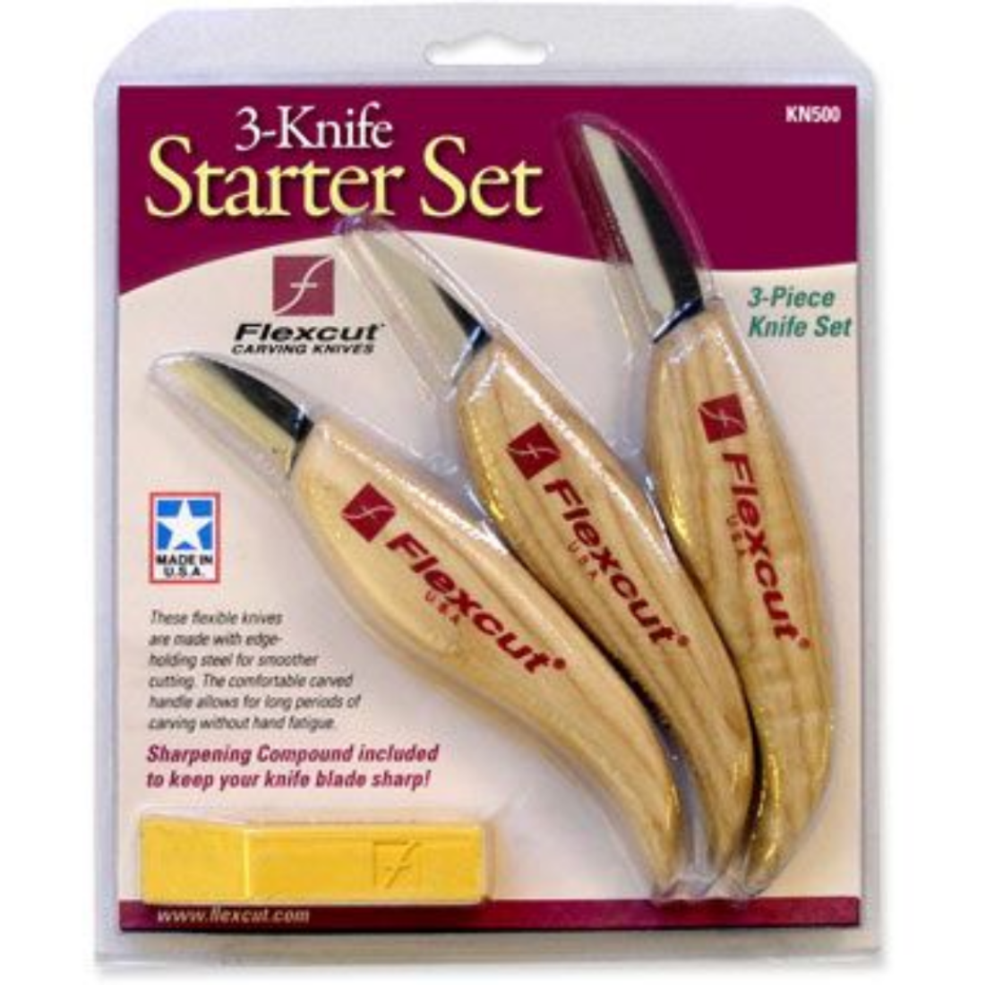 picture of the three detail knives with fixed wood handles, including wax block in the retail packaging
