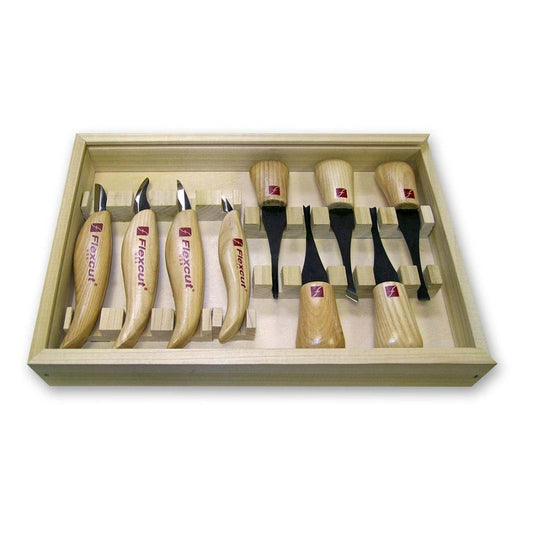 picture of the Flexcut 9pc KN700 set of four detail knives and five gouges. The wooden box is racked for each knife.