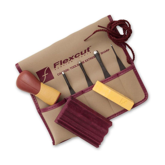 image of Flexcut SK130 5pc Printmaking Set showing 4 gouge blades and handle, in 5 pocket tool case. Slipstrop and wax included