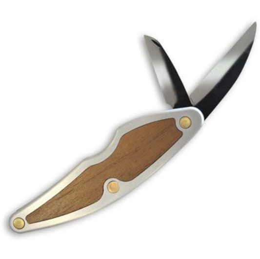 Flexcut Whittlin' Jack JKN88 shown with the two razor sharpened blades opened to view. Handle is made from a  steel with a wood inlay on both sides.