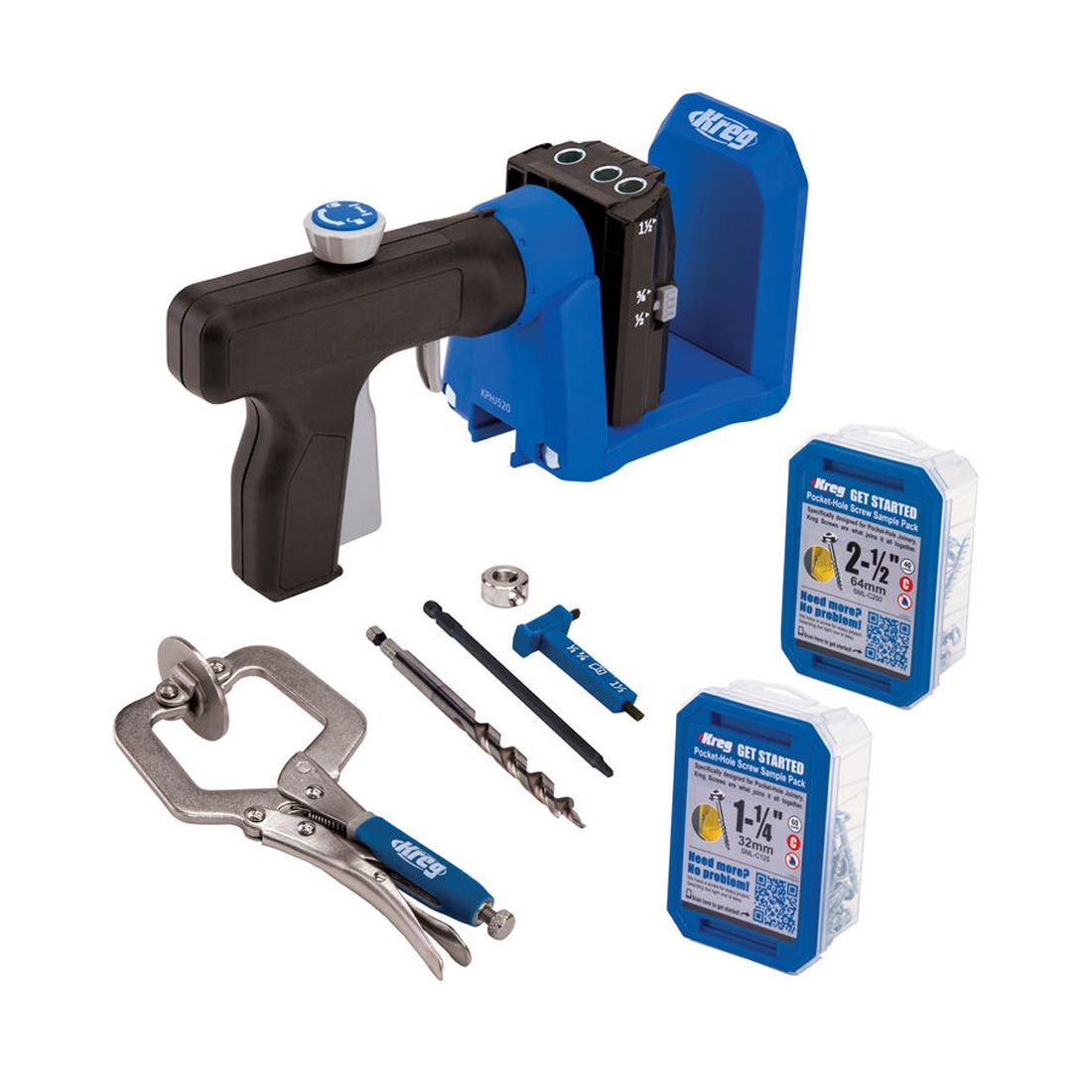 picture exhibits the 520pro jig, with 2 inch clamp, stepped drill bit with depth collar and hex key, long driver bit and two boxes of screws size of 2.1/2inch 50pk and 1.1/4inch 100pk