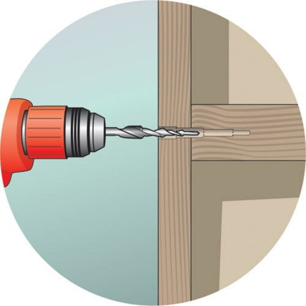 a circular drawing of a corded drill with the stepped drill fitted and the cross section of the type hole the stepped drill leaves