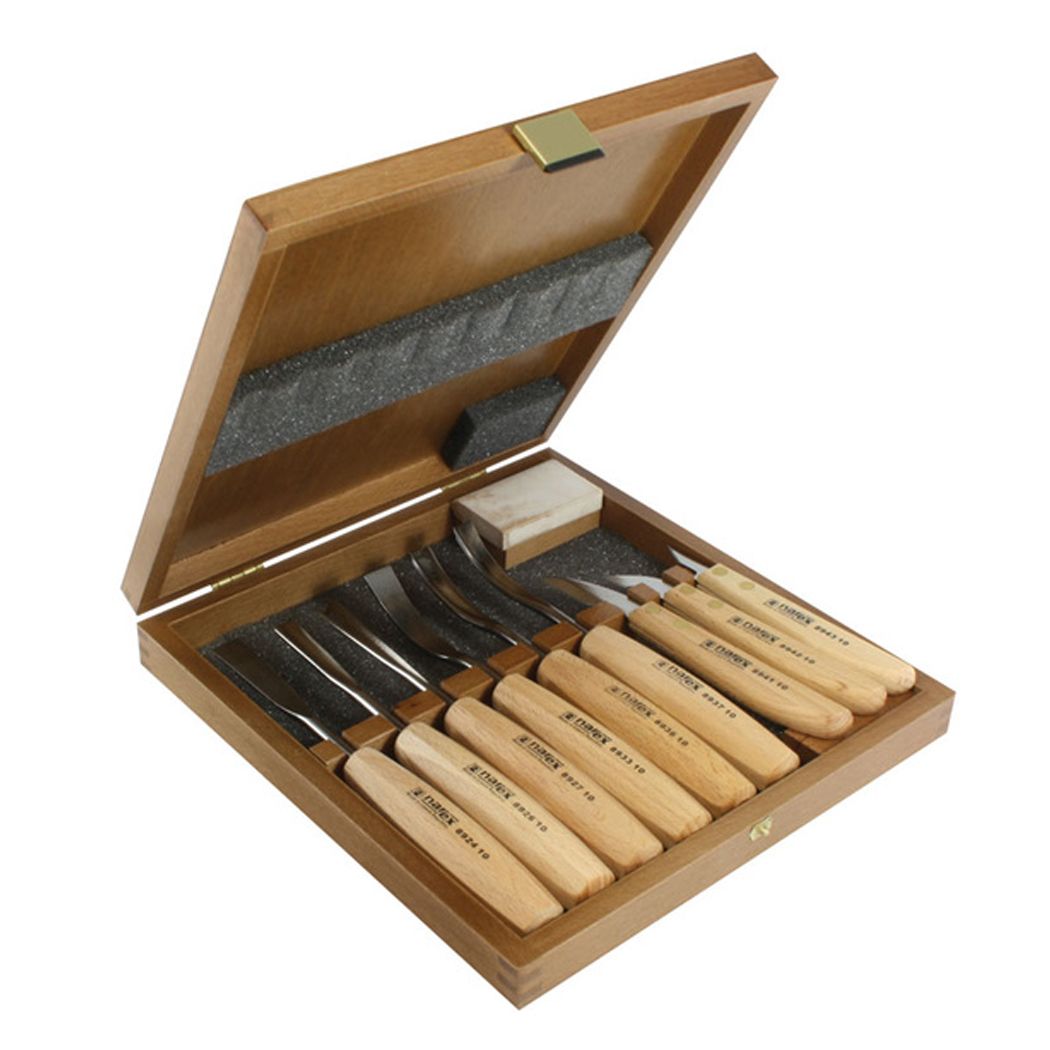 Narex 9pcs Set of Carving Chisels NAR-894813 mixture of gouges and chisels with wooden handles and small sharpening stone all stored in a stylish hinged wood storage case, Foam fixed to underside of lid to hold chisels in place