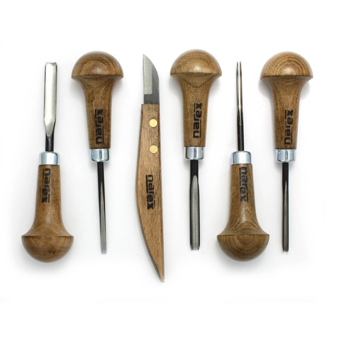Narex Profi 6 piece Carving Set NAR-868500 includes one knife, four gouges of various widths, one narrow chisel. Knife has a long wooden handle, gouges and chisel have mushroom shaped wooden handles