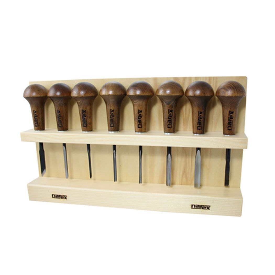 Narex Profi 8pc Palm Set in Rack NAR-868700 in storage wooden rack. Chisels have beach wood handles which are mushroom shaped