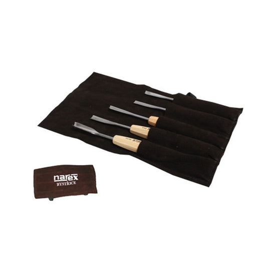 Narex Set of 5 Carving Chisels in Leather Tool roll, picture shows 5pc mixed chisel set in dark brown leather tool roll