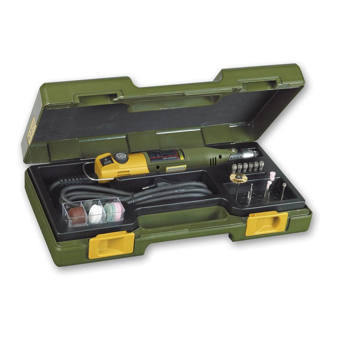 Proxxon Micromot 230/E Mill/Drill Set is supplied in a case with cutting discs, 6 collets and grinding polishing tips. 230v mains power.