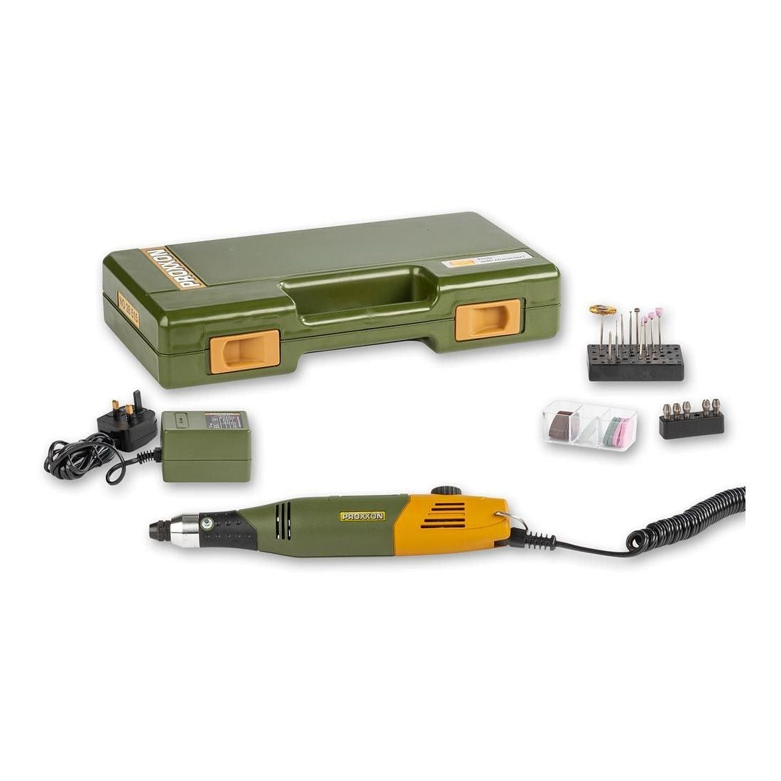 image showing the Proxxon Micromot 60/E Starter Set with the 12v transformer with fitted mains 240v plug. A carrying storage case, multi tool and a set of bits