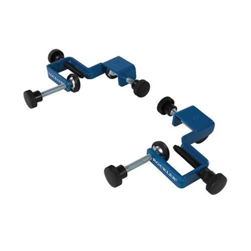 pait of Rockler Drawer Front Installation Clamps which have three positional points on both clamps to position the drawer front. 