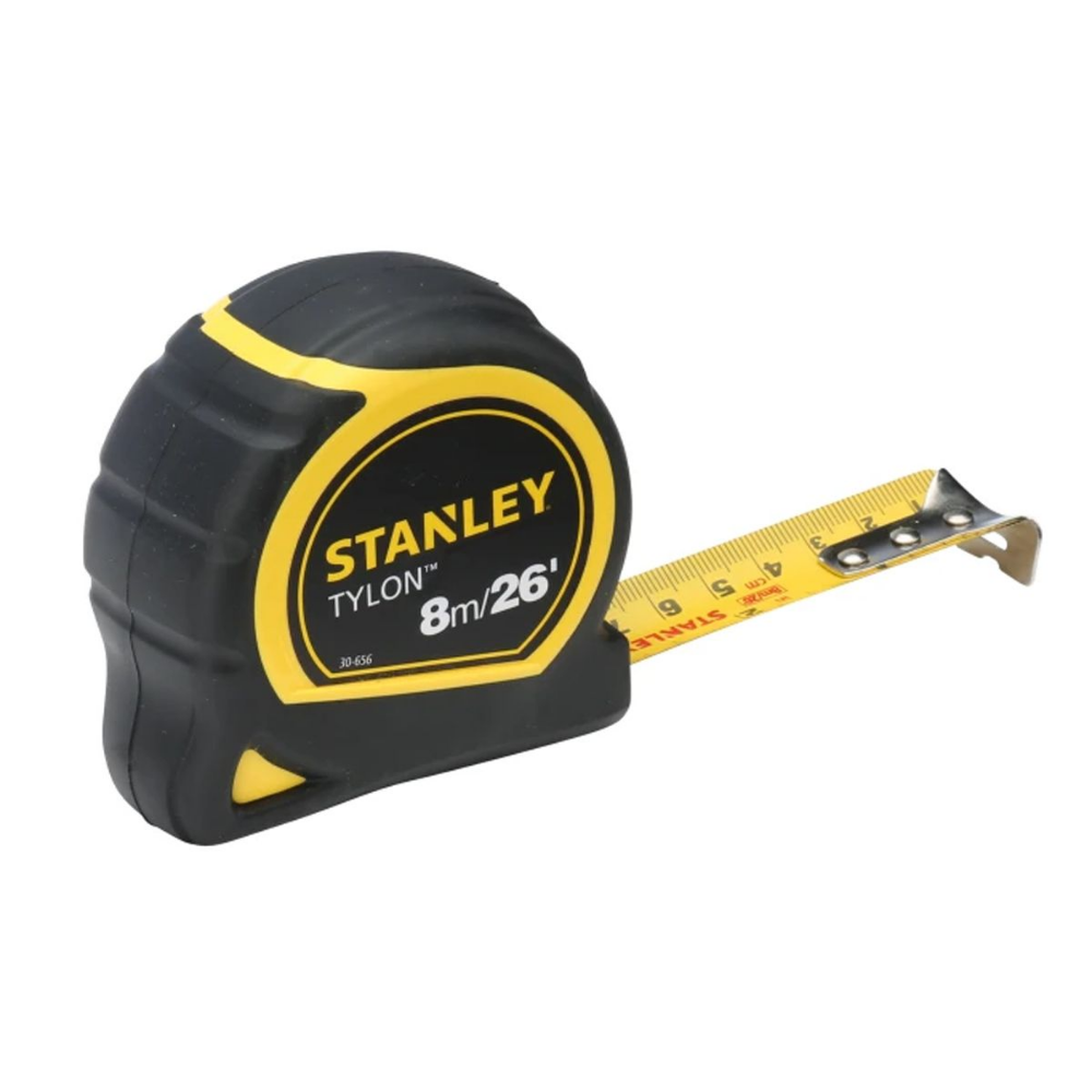 Stanley Tylon Tape Measure 8M with black and yellow colours, black is rubberised for grip
