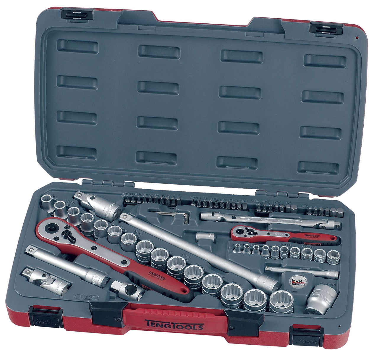 Teng Tools T1272 72 Piece 1/4" & 1/2" Drive 12 and 6 point Socket and bit Set in storage case