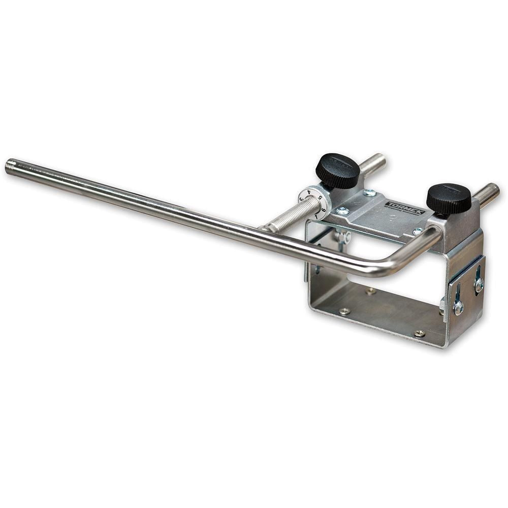image of the Tormek BGM-100 Bench Grinder Mounting Set which fixes to a bench in front of the grinding wheel and the long bar to mount Tormek jigs onto. Two locking thumb wheels to lock bar into place, and an adjust marked wheel with numbered indicators.