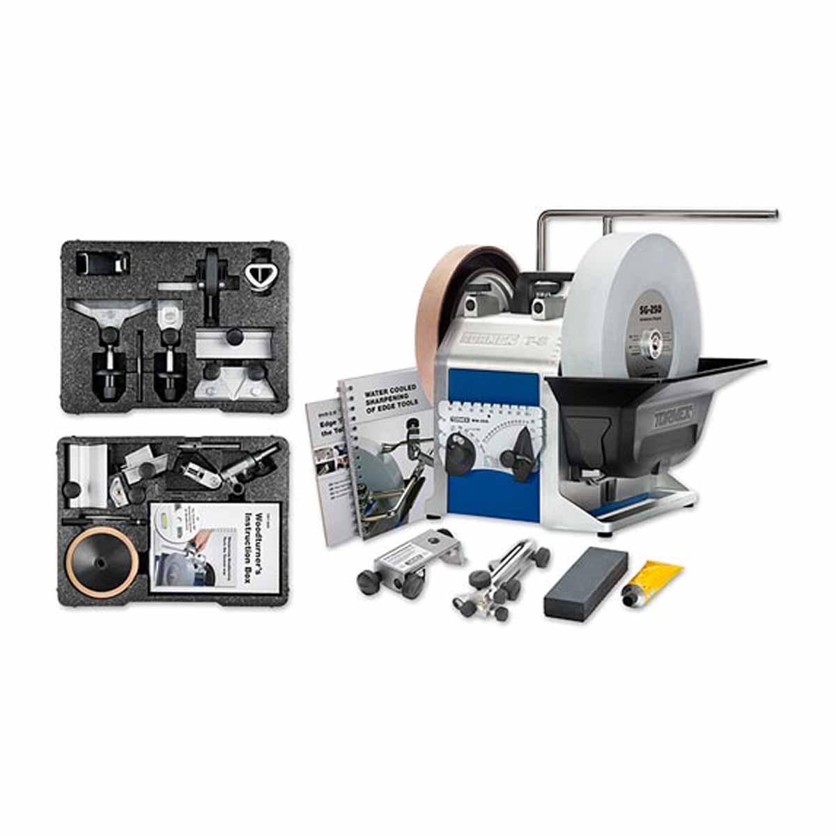Tormek T-8 Sharpening System + HTK-806 & TNT-808 showing all accessories with both these sets.