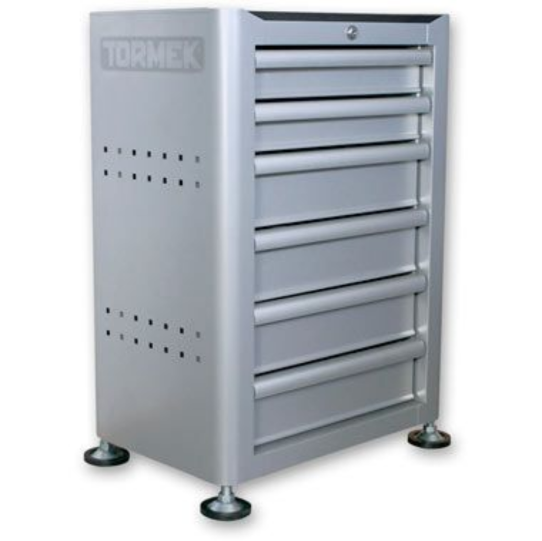 Tormek sharpening station with height adjustable feet. Feet have rubber sleeves.  6 steel drawers with a single lock at the top. The top is slightly recessed to accommodate the rubber mat.